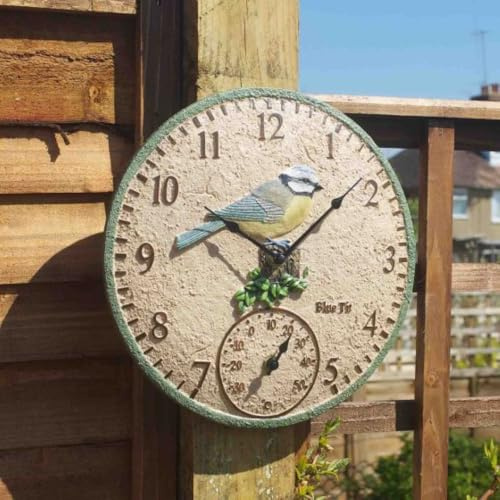 Garden Mile Reloj de jardín con diseño de pájaro azul de 30 cm y termómetro, duradero, reloj de pared decorativo para patio, cocina, sala de estar