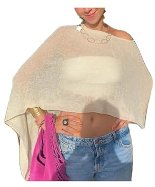Générique Mesh Poncho for Women Sheer Poncho Top Lightweight Knit Crochet Shrug Bolero Mesh Batwing Sleeve Sweater Cover Up Beachwear