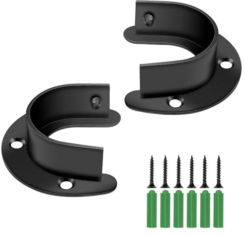 LIUZHUJ 2 Piezas Soporte Barra Armario, Soporte de Riel para Ropa Negro, Sujeta Barra de Armario de Acero inoxidable, Accesorios Completos, para Barras de Cortina y Perchas