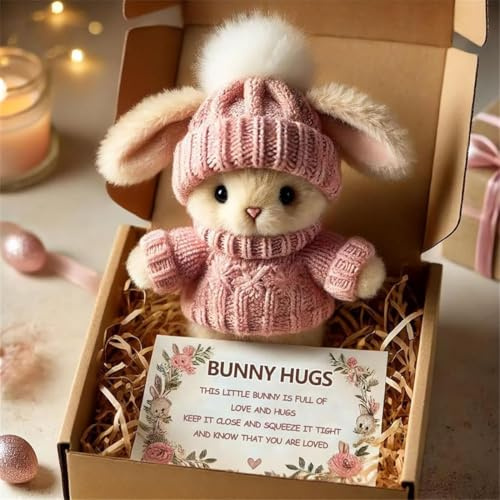 Mini Bunny Hug Cute Easter Gift, Mini Bunny Hug in Box, Emotional Support Positive Crochet Bunny with Inspirational Card, Handmade Plush Pocket Hug Rabbit Doll for Kids Family Friend (1PC-Pink)