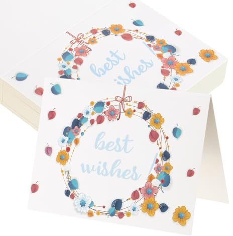 sourcing map 50Pcs Best Wishes Cards, 93x140mm Floral Folded Blank Cardstock, Thank You Notes for Greeting Cards Wedding Graduation Birthday DIY Craft Invitations, Wreath Style
