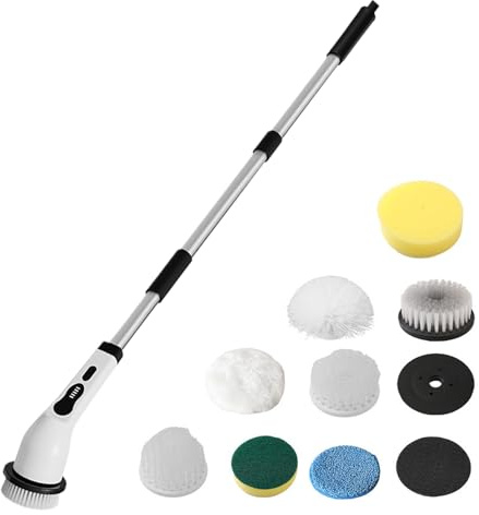 Cleaning Brush – Telescopic Long Handle 124x14x9cm, Cordless High Torque 25W Motor | Rechargeable Home Scrubber For Toilet Sink Bathtub Floor Grout Wall Vehicle Detailing Outdoor Patio Care