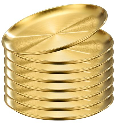 Mocifa 8 stycken tallrikar guld rund mattallrik rostfritt stål 26 cm serveringstallrik gyllene serveringsbricka serveringsfat rund rostfritt stål deco tallrik guld rund bricka för camping picknick kök