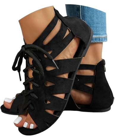 Gladiatorsandaler för kvinnor retro kilklack rund tå ihålig romersk gladiatorsandaler öppen romersk sandal med dragkedja platta tofflor snörning sommar öppen tå strand låg klack strappy kil, Svart, 40