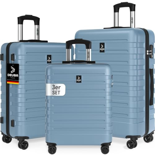 DEUBA Maletas Viaje Rígidas Set de 3 Trolley Ruedas 360° Azul Pastel | Apilables, Compartimiento PVC, Bolsillo Malla, Correas Tensoras, Ruedas 360°, Maleta Cabina, Ligeras, ABS Resistente