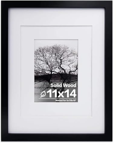 Egofine 11x14 Picture Frame Black - Photo Frame Made of Solid Wood Covered by Plexiglass for Table Top Display Pictures 5x7/8x10 with Mat or 11x14 Without Mat with Wall Mounting Hardware