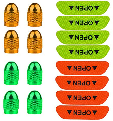 Senven 16Pcs hochwertige Farbe Aluminium Ventilkappen, Staubkappen Auto, Motorrad, LKW, Universal-Reifenventilkappen, Öffnen Tür Autotür Antikollisionswarnung Reflektierende Aufkleber（Grün, Orange）