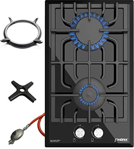 Phönix Domino-GL Plaque de cuisson à gaz en verre à 2 feux avec embout wok en fonte et croix