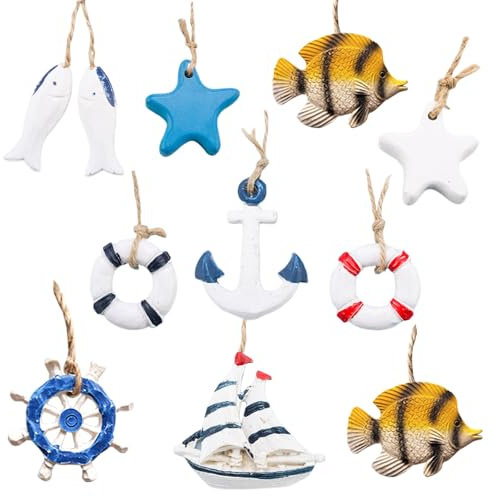 Sctmda Maritimes Dekorationsset 10 Stück Maritime Deko zum Aufhängen Maritime Hängedeko Maritime Anhänger Streudeko Maritim Anker Deko Rettungsring Deko Fisch Ornament mit Seil für zu Hause