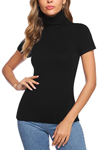 Totatuit Camiseta de Punto de Jersey de Cuello Alto Mujer Elegante Suéter de Cuello Alto de Manga Corta Top Turtleneck Casa Negro XXL