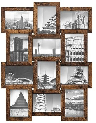 SONGMICS Bilderrahmen-Collage für mehrere Fotos, 12 Fotorahmen, Fotocollage, für 10 x 15 cm Bilder, Wandcollage, Fotowand, Montage erforderlich, vintagebraun RPF026X01