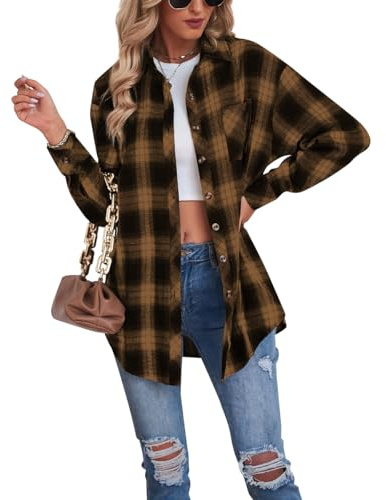 Buliezy Dam rutig skjorta långärmad elegant blus klassisk skjorta bomull pläd jacka, kaki, XXL