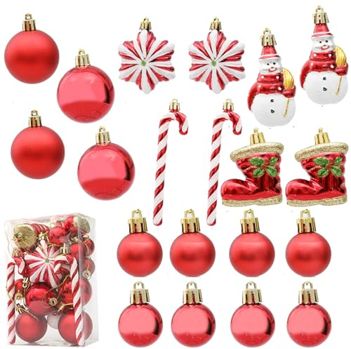 HERZONE 20 st julhängen julgransprydnad, julkulor, sockerstänger, stjärnor, snögubbe och julstövlar för julgran (B-röd)