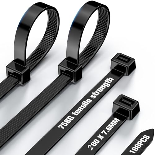 Fascette Plastica Nere 200×7,6mm, Fascette Elettricista Forte con 75 kg di Resistenza Alla trazione, Fascette Riutilizzabili Stringicavo 100 pezzi,per Famiglia,Giardino,Gestione dei cav