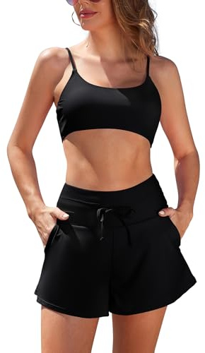 SHEKINI Two Piece Swim Suits for Women Bikini Set with 2 Pockets High Waisted Drawstring Swim Shorts Push Up Bandeau Adjustable Tummy Control Vintage Beach Swimwear, Black, S