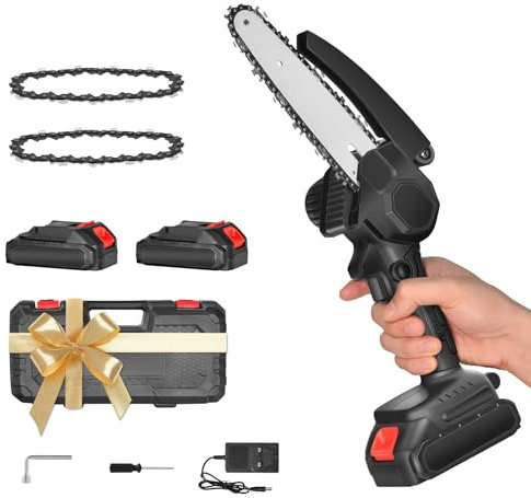 AIOMEST Mini Motosierra Bateria 8000mAh, 6 Pulgadas Motosierra Eléctrica 2 Baterías de Gran Capacidad y 2 Cadenas, Podar Arboles Motosierra de Mano Mini Motosierra Pequeña Para Jardin
