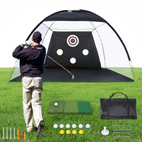 REDCAMP Filet d'entraînement de golf de 10 x 7 m avec tapis de frappe pour l'intérieur et l'extérieur, comprend plusieurs cibles, sac de transport portable, 10 balles, 7 tees, amélioration de