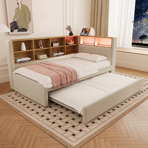 Merax Canapé-lit 90 x 200 cm, avec lit gigogne 90 x 190 cm, canapé convertible avec lumières LED et compartiments de rangement, flanelle, beige (sans matelas)