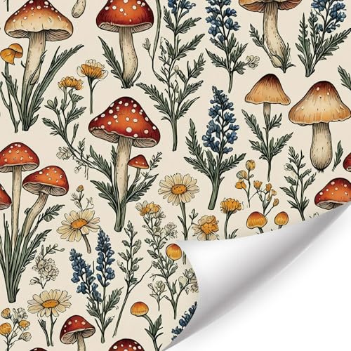 HPNIUB Vintage Mushroom Peel and Stick Wallpaper Self Adhesive Removable Wall Paper Leaf Forest Floral Daisy Wall Stickers Botanical Beige Wallpaper Aesthetic for Bedroom Decor(17.3 x 118.1 inch)
