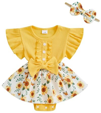 XIXIMAON Toddler Baby Girl Summer Outfit Sunflower Butterfly Print Ruffled Flying Sleeve Shirt Ribbed Romper Dress Bow Headband Newborn Clothes Girls (Yellow, 3-6 Months)