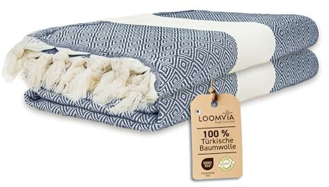 Loomvia | 2er Pack | Hamamtuch groß 100x180 aus 100% Baumwolle – Strandtuch, Saunatuch, Badetuch, Saunahandtuch | Saugstark & leicht | Saunatuch Damen & Herren für Strand, Sauna, Bad | Azur Blau
