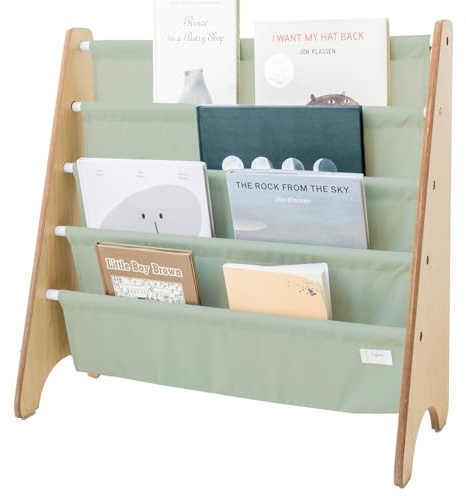 3 Sprouts Recycled Fabric Kids Bookshelf – 4-Tier Sling Book Storage - Kids Room Book Shelves, Nursery, Playroom, Classroom - Bookcase Display Shelf for Toddler, Children Age 3+ -Solid Green