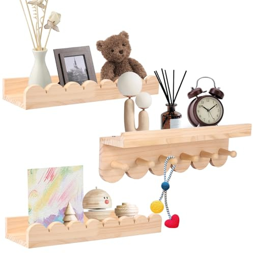 3 Pack Scalloped Wood Nursery Book Shelves with Hook Floating Wall Shelf Preassembled Baby Bookshelf Hanging Storage Shelves for Bedroom Kids, Toddler Room, Baby Room, Nursery Decor(3-piece)