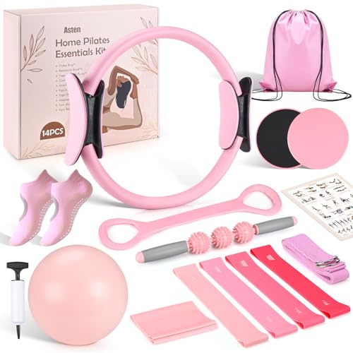 Home Pilates Kit for Women: Pilates Equipment Pilates Ring and Ball Set with Resistance Bands, Core Slider, Foam Roller, Pilates Essentials Kit for Beginner Home Workout, Compact Toning Fitness, Pink