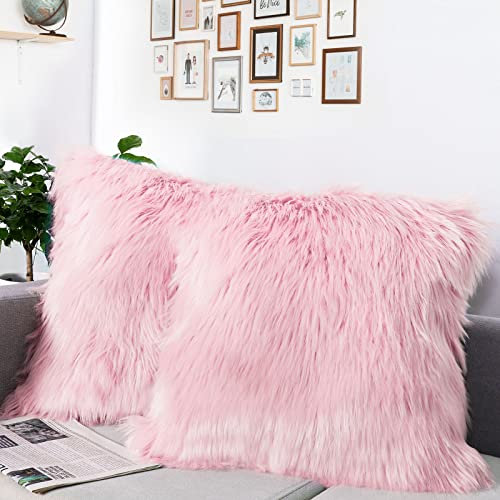 DQMEN Weicher Deko Kissenbezüge 45 x 45 cm, Langhaar ZierKissenbezug dekoratives Fellimitat SofaKissenbezug Kunstfell Kissenbezug (2Pcs Pink, 45 x 45cm)