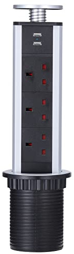 Kitchen Pull Pop Up Sockets for Worktop Desktop with 3 Power Sockets Plug 2 USB Ports - Chrome Effect
