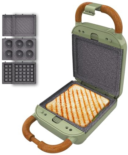 Cecotec Sandwichera Vintage Rock'Ntoast Retro One Green. 700W, 3 Placas Intercambiables, Diseño Retro, Revestimiento Rockstone, Indicador Luminoso, Base Antideslizante, Asa de Tacto Frío, Pinza Cierre