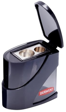 Derwent Twin Hole Pencil Sharpener with Container, Double Hole Sharpener for Artist Sketching Pencils & Colouring Pencils, Two Hole Sizes 11.5 & 8.25mm, Strong Metal Pencil Sharpeners, Black, 2306123