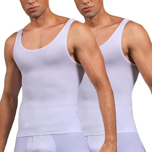 SLIMBELLE Men's Body Shaper Slimming Vest Elastic Slim Shapewear Compression Undershirts Tummy Control Waist Trainer Shaper Vest, White+white