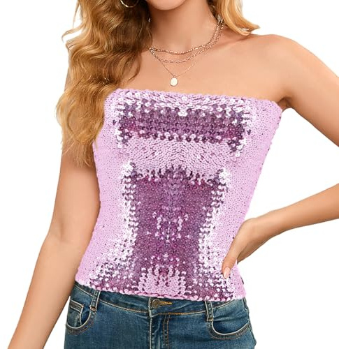 Naimo Top Femme avec Paillettes Crop Top Sans Manches Tube Haut Sans Bretelles Élastique Débardeur Sexy Top Brillant, Rose violet., Taille Unique