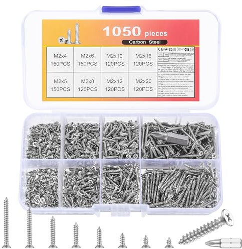 1050 Pcs Assortiment de Vis à Bois M2, Vis Multifonctions, Vis Autotaraudeuses en Bois, Vis à Tête Fraisée, Vis à Tête Plate Croisée, Vis à Tête Cruciforme pour Meubles Aggloméré DIY