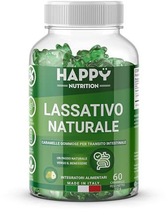 Happy Nutrition Caramelle Gommose Lassative - 60 Gummies al Gusto Pera - Lassativo Naturale Forte per Stitichezza - Integratori per Transito Intestinale - Lassativi Naturali per Andare di Corpo