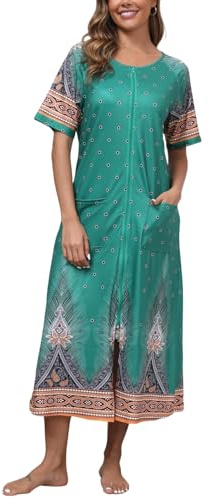 Rubehoow Women's Robe Zipper Front Duster Robes 3/4 Sleeve Mumu Housecoat with Pockets Green,L