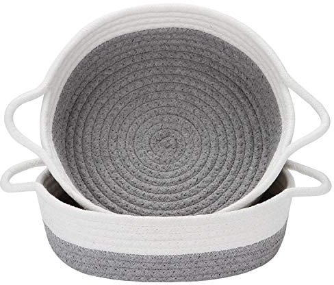 Sea Team 2-Pack Cotton Rope Baskets, 10 x 3 Inches Small Woven Storage Basket, Fabric Tray, Bowl, Round Open Dish for Fruits, Jewelry, Keys, Sewing Kits (Grey & White)