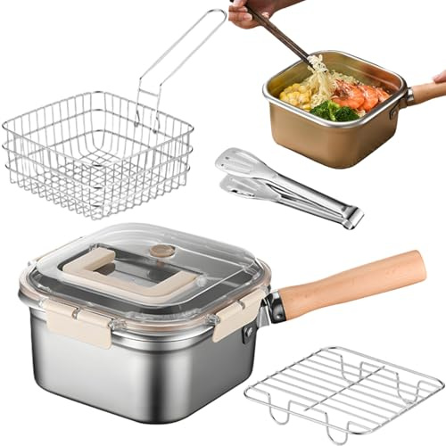 Olla con Cesta Portátil con Rejilla Antigoteo para Pescado y Carnes
