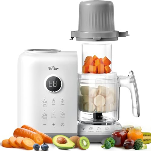 Bear Baby Food Blender with Dual-Layer Steam Baskets, OneStep Food Processor Puree Blender Grinder Mills, Baby Food Maker with Bottle Warming, Sterilizing and Auto Cleaning Function, BPA-Free (White)