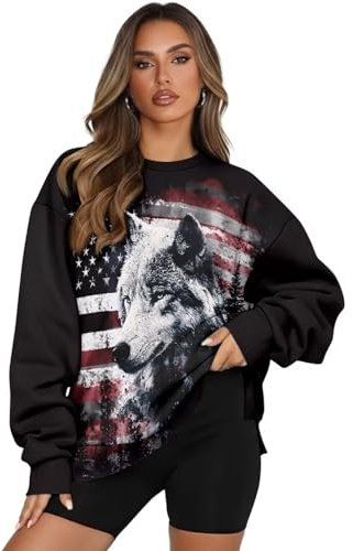 Fiqyvagox överdimensionerad tröja för kvinnor långärmad rund hals lös passform pullover topp trendiga kläder för daglig användning, träning, Amerikansk flagga varg tryck svart, L