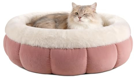 EDMIENS Small Cat bed, Round Cat Beds for Indoor Machine Washable, Kitten Bed Donut Fluffy Calming, Non Slip Reversible Cushion Pet Bed for Cats, Small Dog, Medium Puppy(45x45x16.5cm, Pink)