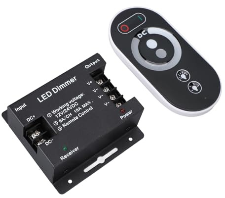 Ausla Dimmerbrytare för LED-ljus, DC 12V-24V 18A PWM LED-ljusremskontroller med RF-fjärrkontroll, Justera Ljusstyrkan för Hemmabiorumsbaren