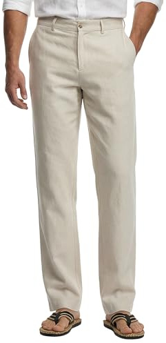 HISDERN Mens Linen Trousers Beige Business Trousers Mens Lightweight Casual Summer Office Holiday Pants Work Travel with Pocket, XL