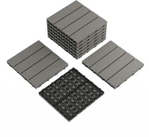9-Pack 12X12 Composite Deck Tiles - Interlocking Waterproof Flooring for Outdoor & Indoor Use, All-Weather Plastic Wood Grain Patio Tiles for Balcony, Porch, Pool Deck, Grey (9 Sq ft Coverage)