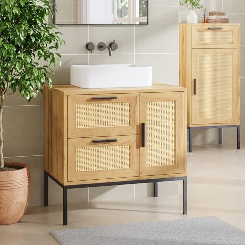 [en.casa] Mueble Bajo Lavabo Marhasa Armario Bajo para Baño con 2 Puertas y 1 Cajón Aglomerado Diseño Decorativo con Efecto Ratán 60 x 60 x 40 cm - Efecto Roble
