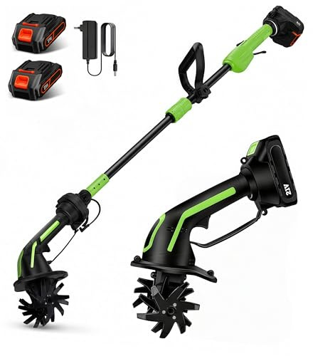 Motoazada Electrica, Mini Motoazada Portátil Varilla de extensión Desmontable de 1,3m,Ancho de Labranza 10cm, Profundidad de Labranza 10 cm Baterías 3000 mAh para Jardines y Huertos (2 Baterías)