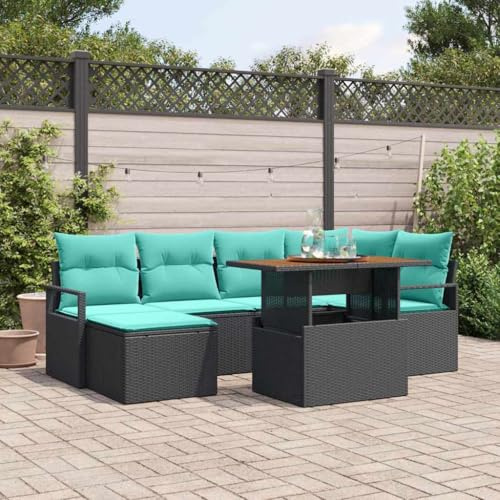 Runheo Ensemble mobilier Jardin 7 pcs Noir et Sarcelle avec canapé modulable, Banquette Angle, Coussins tressés en résine, Table Bois Acacia, Pieds réglables pour terrasse Patio Balcon