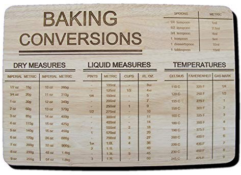 Baking Conversion Gift Present Premium Hardwood Wooden Chopping Cutting Cheese Board Engraved Measures Wood Kitchen Conversions Cooking Baking (Premium Hardwood 35x24x1 5 cm)