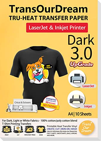 TransOurDream Tru-Transfer Paper Upgraded 3.0 10 Sheets A4 Printable Vinyl for Inkjet&Laser Printer Iron on Heat Transfer Paper for Dark Fabric Transfers Black T-Shirts (Trans-03-10)